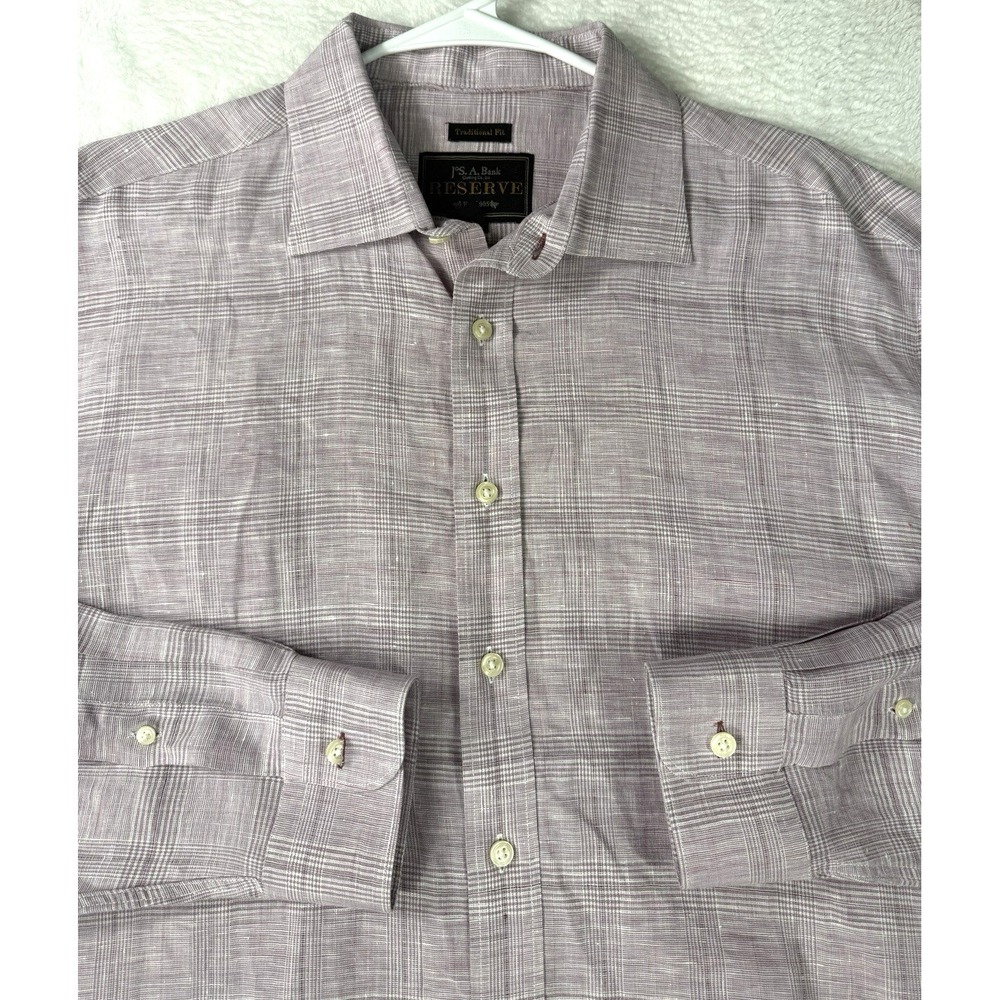 Jos A Bank Reserve Shirt Mens Large Lavender 100% Linen‎ Glen Plaid Windowpane